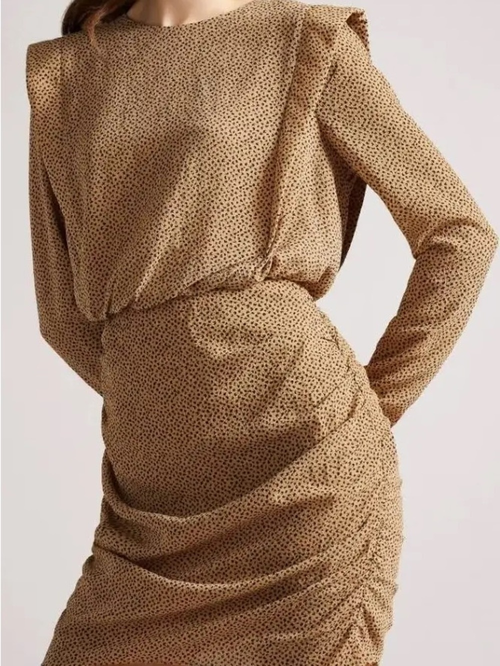 Ted Baker Tan Printed Long Sleeve Ruched Midi Dress